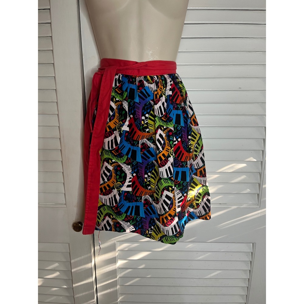 Handmade Music Note Piano Key Novelty Print Wrap Half Apron Red Waist Tie